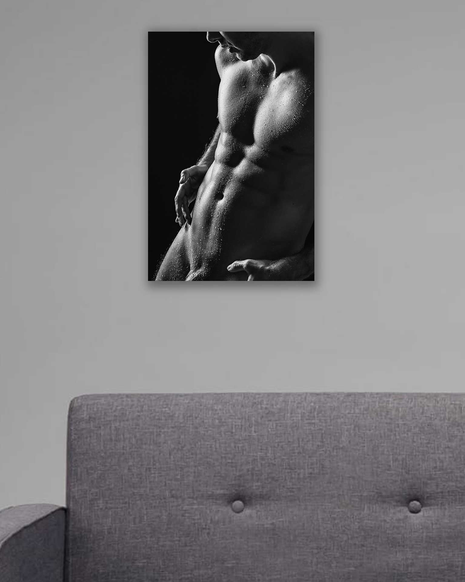 AluDibond-Gay-Fine-Art-Male-Nude-Sixpack-mit-Wassertropfen